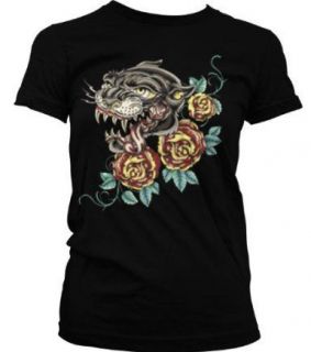 Panther And Roses Juniors Girls T shirt Black Tattoo Cats Teeth Fangs 