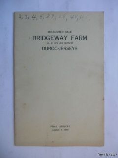 1919 Bridgeway Farms Duroc Hogs Swine Sale Auction Booklet Paris KY 