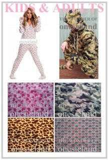 UNISEX HOODED ONESIE ALL IN ONE JUMPSUIT PYJAMAS HEART CAMO LEOPARD 