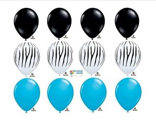 Zebra Print Bright Blue Black 12 Latex Balloon Lot Set Animal Party 