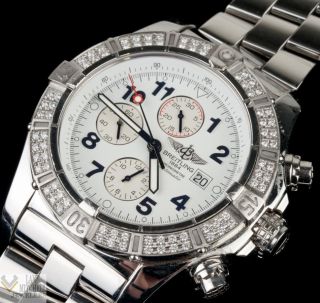 Mens Breitling Super Avenger Watch A13370 White Dial Diamond Bezel 