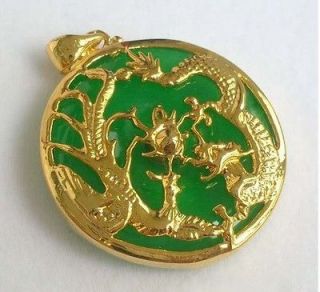 Jewelry green Jade golden dragon phoenix pendant and necklace Q2
