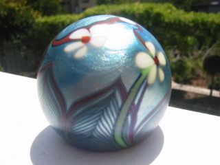 Vtg. ORIENT AND FLUME SIGNED PAPERWEIGHT Flower,Pulled Feather,Blue 