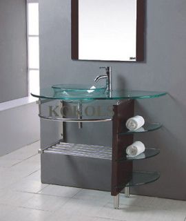 modern Bathroom Glass bowl clear vessel Sink & wood Vanity w shelfs 