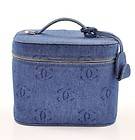 Chanel denim x leather Large Vanity case Cosmetic bag silver tone 