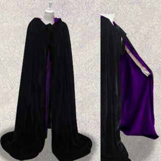 Velvet Black Hooded Cloak Cape Purple silk Halloween Wedding Wicca 