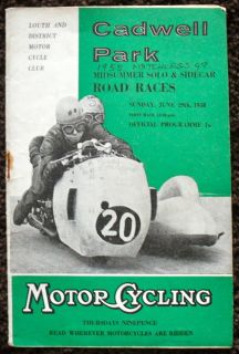   PARK MIDSUMMER SOLO & SIDECAR MOTORCYCLE RACE PROGRAMME 29 JUN 1958