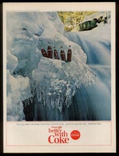 1964 Coca Cola Coke bottles in frozen waterfall photo vintage print ad