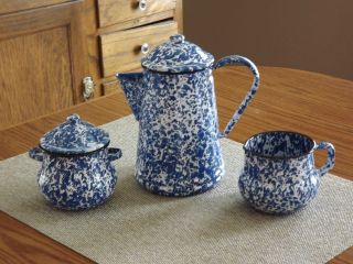 Graniteware Blue & White Speckle Coffee Pot with Creamer & Sugar Bowl
