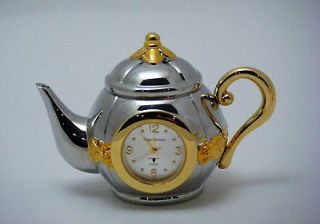   Mini Clock Teapot Heavy Cast Metal Collectible Gift New w Battery