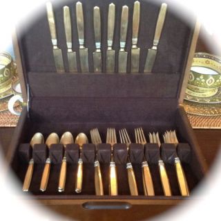 Brass Flatware Set Service Serving Knives Forks Spoons Wooden Chest 