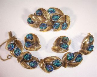   Iridescent Art Glass Set Pin Earrings & Bracelet Fabulous