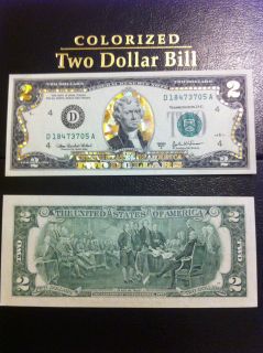 22 K GOLD 2 DOLLAR BILL HOLOGRAM COLORIZED USA NOTE LEGAL CURRENCY 