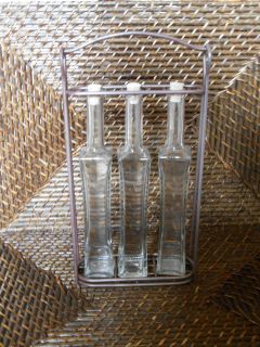 glass bottle set with metal holder cork tops olive oil vinegar 
