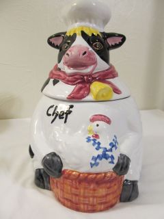   Cookie Jar Sitting Cow Chef Rooster Chicken in Basket 10 x 10 x 9