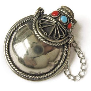   Tibetan Copper 7 Turquoise Red Coral Spoon Snuff Bottle Pendant