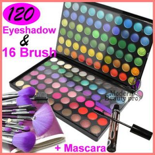  120 Full Color Eyeshadow Palette B + Mascara + 16 Makeup Brush Set Kit