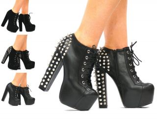 B85 WOMENS LADIES HIGH BLOCK HEEL SPIKE STUDS LACE UP ANKLE BOOTS 