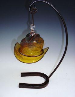 Hand Blown Glass Cowboy Hats w/metal forged custom stand