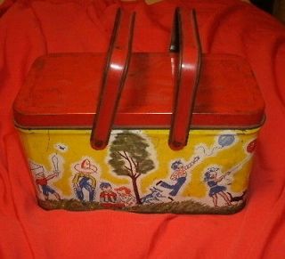 Vtg Tin Metal Lunch Box Pail Kids Playing Olive Can Co Chicago With 