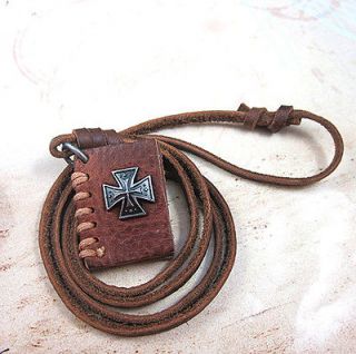 vp109 Genuine Brown Leather Pendant necklace with Cross on Brand new 