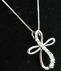   10K White Gold .25 CT Diamond Ribbon Cross Pendant Chain Necklace