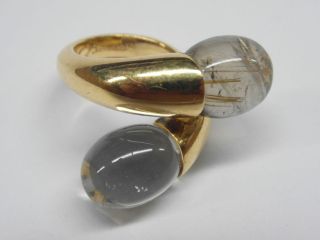 Baccarat designer 18k gold rock crystal and rutilated quartz ring NO 