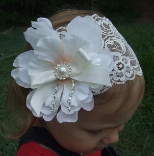 Baby   Girls Lace Headband Peony Flower White Ivory Headwrap 