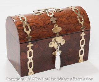   Antique Burr Walnut / Brass Stationery/Letter Box Treasure Chest Form