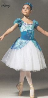 Ballet Dance Dress Blue long white tutu attached skirt with peplum 