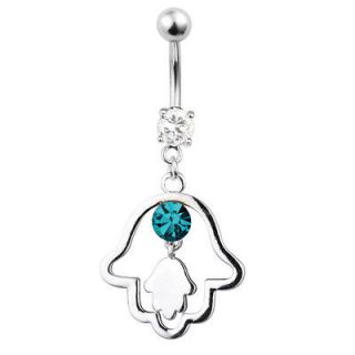 Stainless Steel Jeweled Belly Ring With Hanging Hamsa And Turquiose 