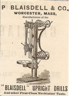 OLD 1874 BLAISDELL UPRIGHT DRILL PRESS POST DRILL AD TOOL WORCESTER MA