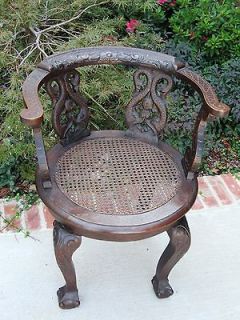   French Black Forest Lion Mask Carved Oak Corner Chair Cane Seat 1860s