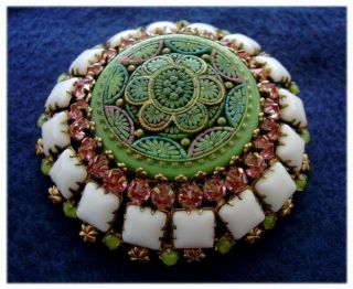 Schreiner Rare Hand Painted Mosaic Dome Brooch