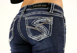 LA IDOL Thick Stitch Swirl Design Boot Cut Blue Jeans Sizes 0 to 15
