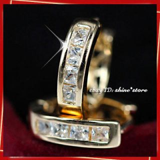   GOLD GF E4 SIMULATED DIAMOND SWAROVSKI HUGGIES HOOP SOLID EARRINGS