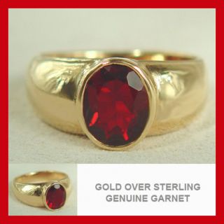 NEW REAL 18K GOLD on SOLID 925 STERLING RING GENUINE GARNET FREE 