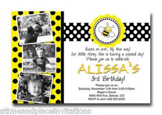   Photo Yellow Polka Dot Bumble Honey Bee Birthday Party Invitations