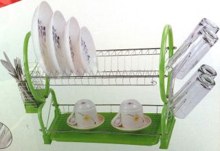 NEW 2 TIER GREEN CHROME STEEL DISH DRAINER RACK PLATE GLASS