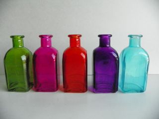 Set of 5 Square Colored Glass Bottles 4 1/2 tall~Home Decor~Window~