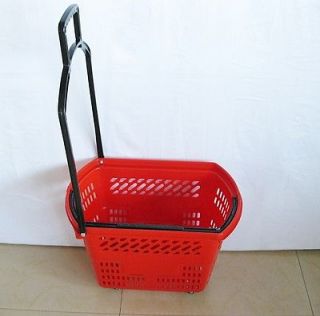 1X Plastic Red Rolling Shopping Baskets with 4 Wheels