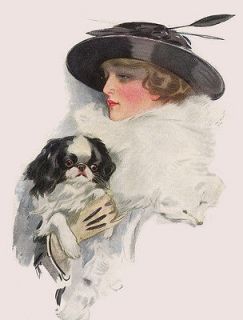 JAPANESE CHIN LADY IN LARGE BLACK HAT DOG PRINT 8 x 10 MOUNTED READY 