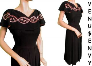 Vtg 40s Rayon Sequin Cocktail Wiggle Illusion Dress L Shawl Collar 