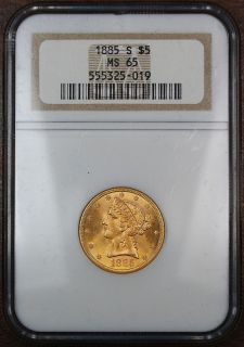 1885 S $5 Dollar Liberty Gold Coin, NGC MS 65
