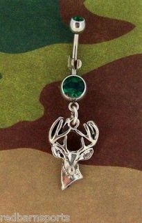 Silver buck deer hunting green double gem belly naval ring new