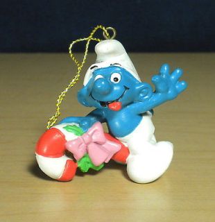   Smurf Riding Candy Cane Vintage Gold Cord Ornament Puffo 51907 5.1907