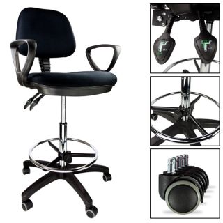 Office Chair Drafting Stool Bank Adjustable Black Footrest Armrest 