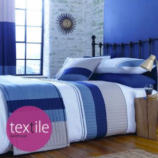 New York Navy Blue Beige Quilted Stripe Band White Duvet Quilt Cover 