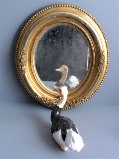  FRENCH OVAL MIRROR GOLD PAINT METAL WOOD FRAME +PORCELAIN OSTRICH DUCK