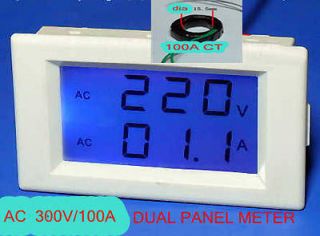   300V 100A Blue Lcd Dual Panel Volt Amp Combo Meter +CT 110v 220v 240v